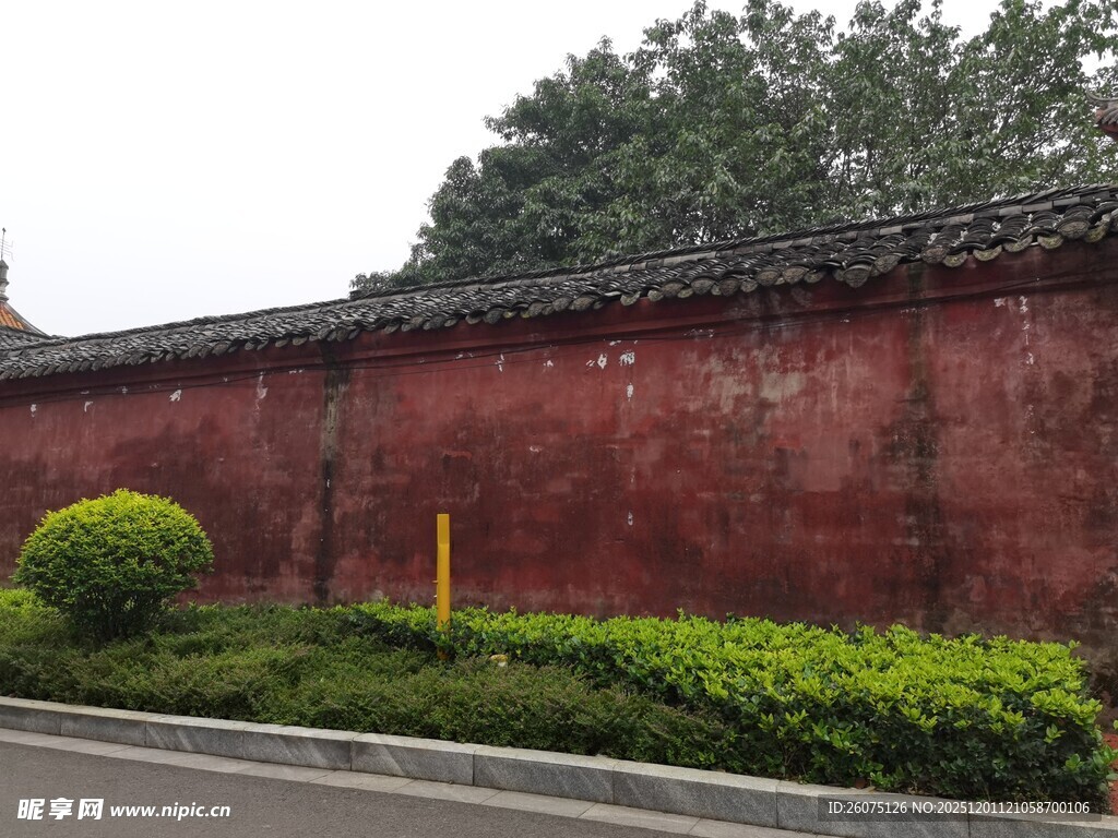 红墙绿植古朴景致