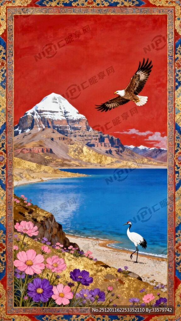 唐卡  冈仁波齐神山  白鹤
