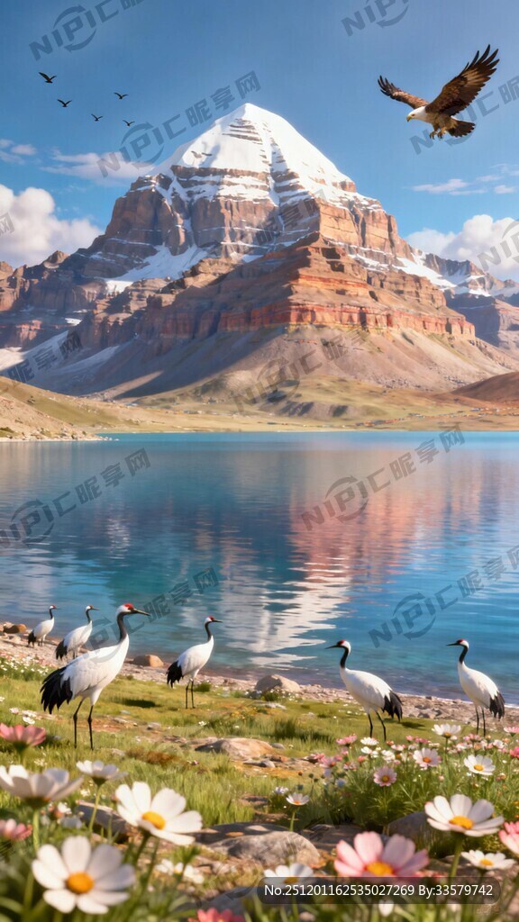 唐卡  冈仁波齐神山  格桑花