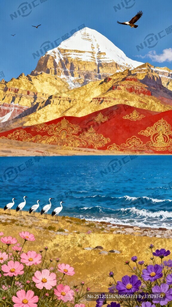 唐卡  冈仁波齐神山  格桑花