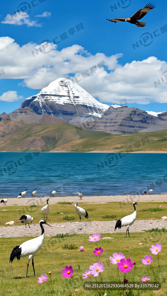 唐卡  冈仁波齐神山  格桑花