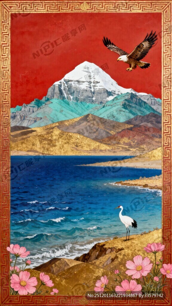 唐卡  冈仁波齐神山  格桑花