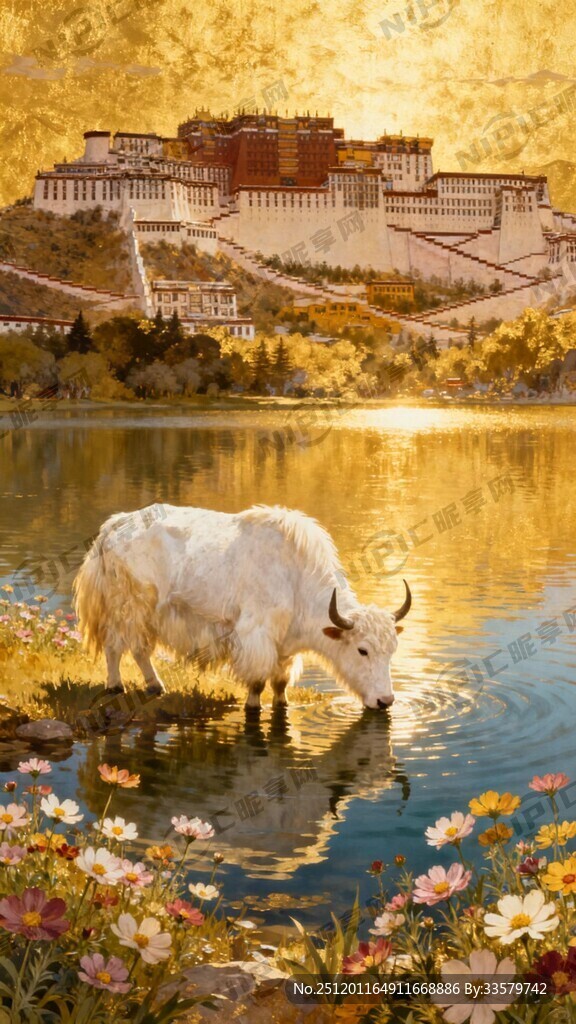 唐卡彩绘  布达拉宫 白色牦牛