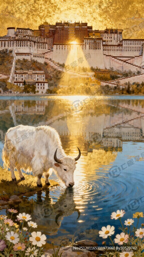 彩绘唐卡  布达拉宫 白色牦牛