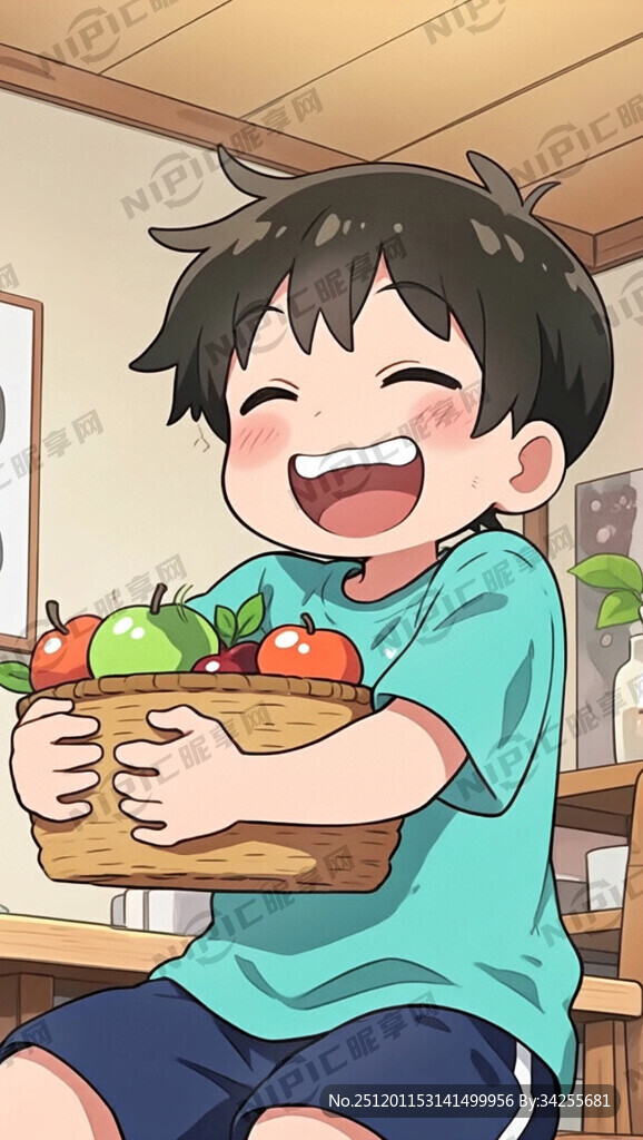 双手抱果篮的孩子 哈哈大笑