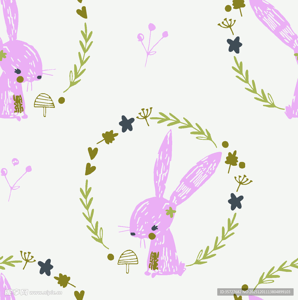 可爱兔子花卉无缝图案