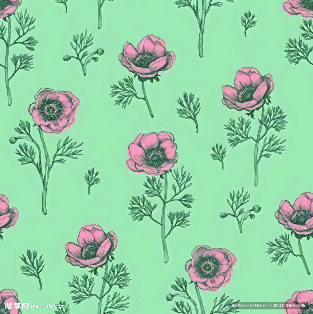 绿色底粉色花朵无缝图案