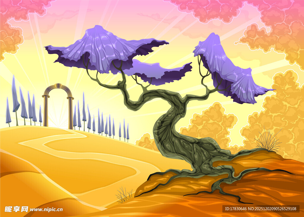 沙漠中奇异的紫色树木景观