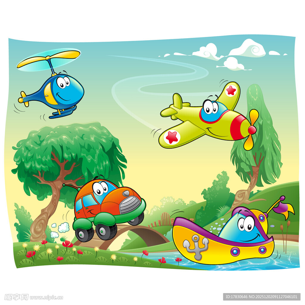 卡通交通工具的欢乐场景