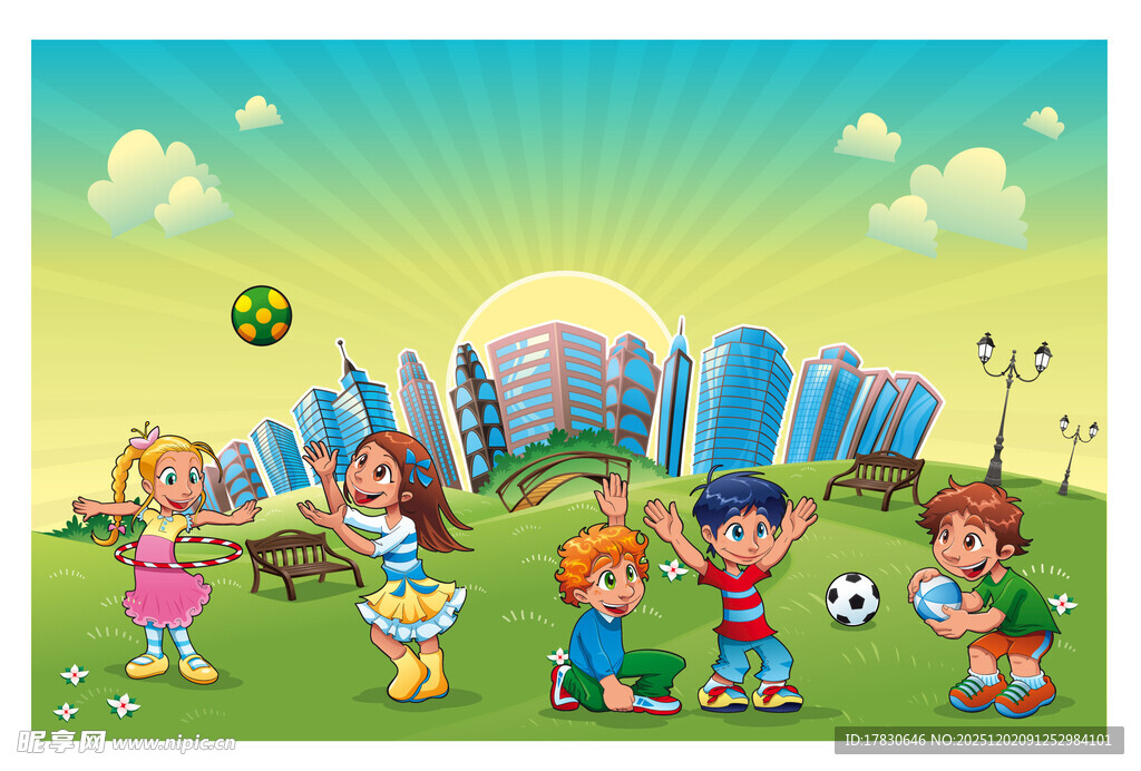 儿童在城市绿地欢乐玩耍