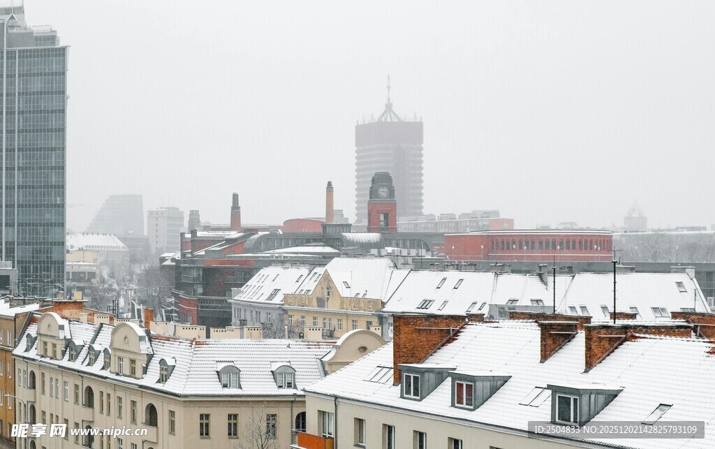 雪覆屋顶的城市景观