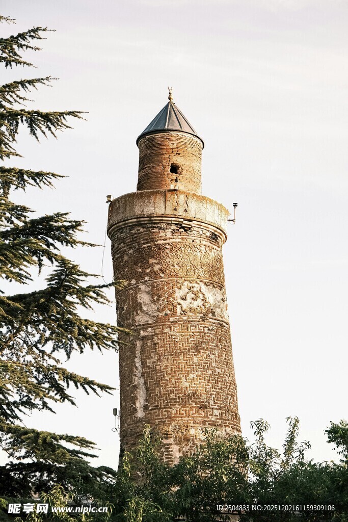 古老钟楼屹立于绿树间