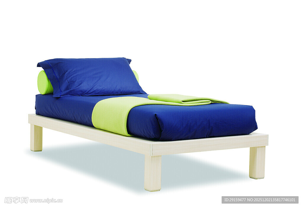 简约单人床配蓝绿床品