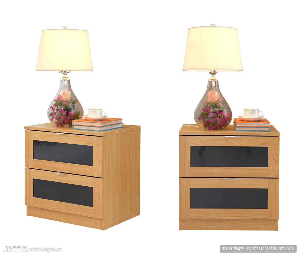 木质双屉床头柜配台灯