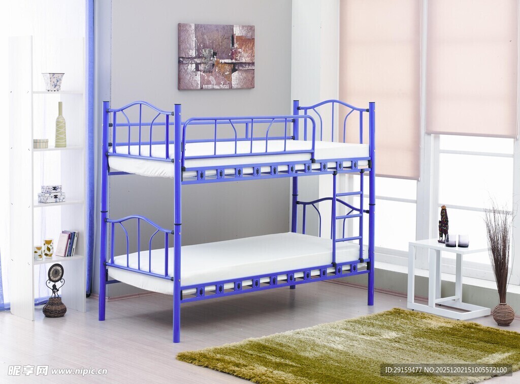 蓝色双层铁艺上下铺床