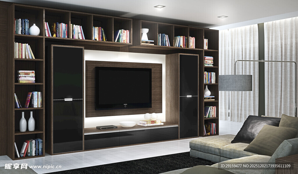 现代简约风客厅电视墙书架