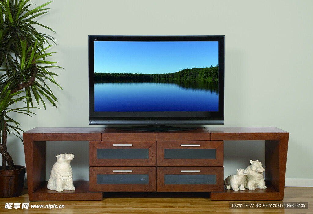 木质电视柜上的大屏电视