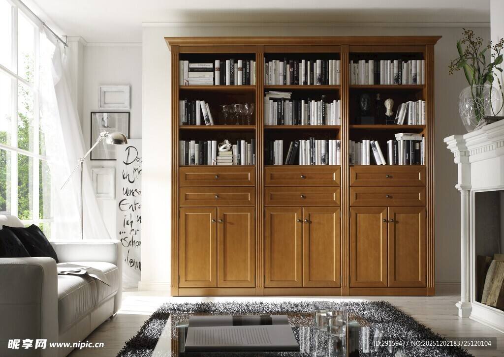 简约客厅的木质书架一角