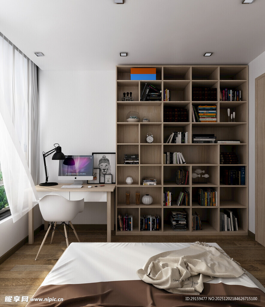 简约风卧室书房一体化空间