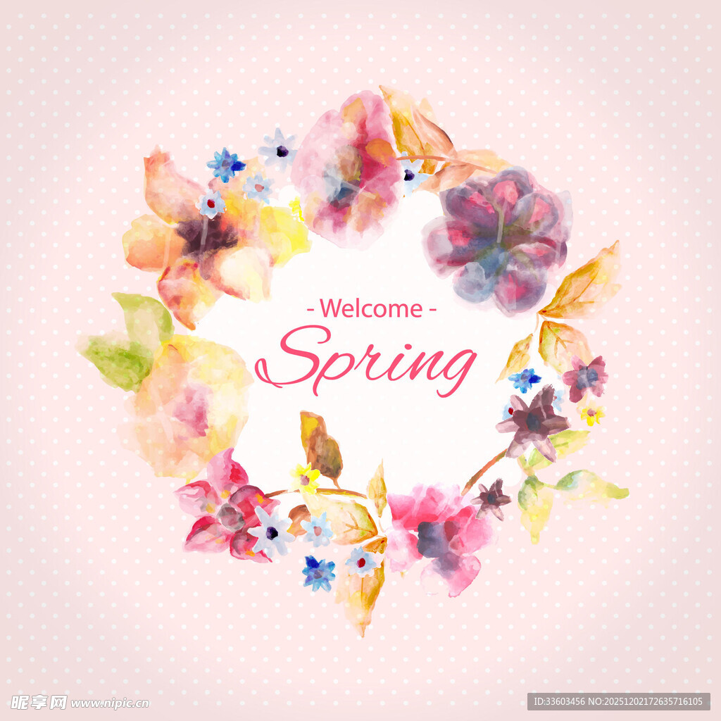 春日花卉花环水彩插画