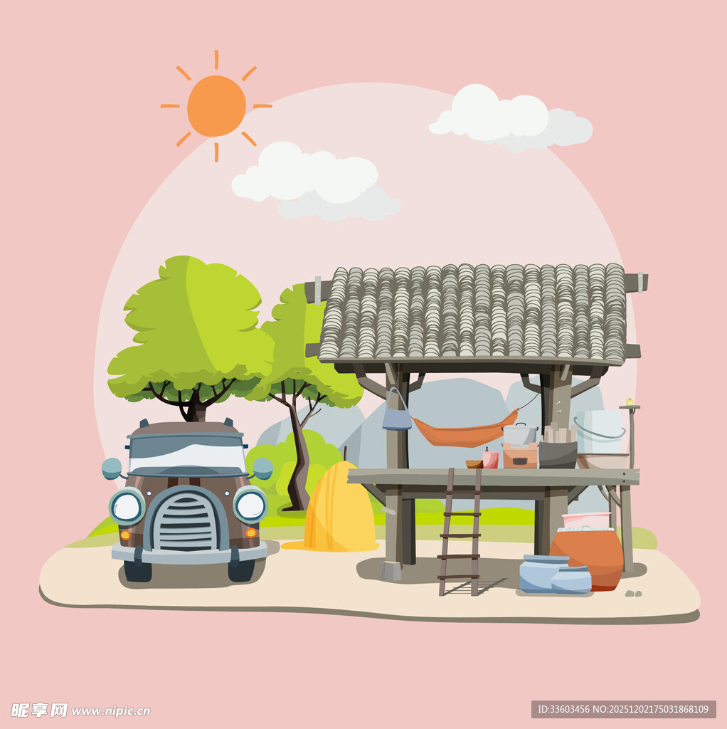 乡村小屋旁的多彩生活场景