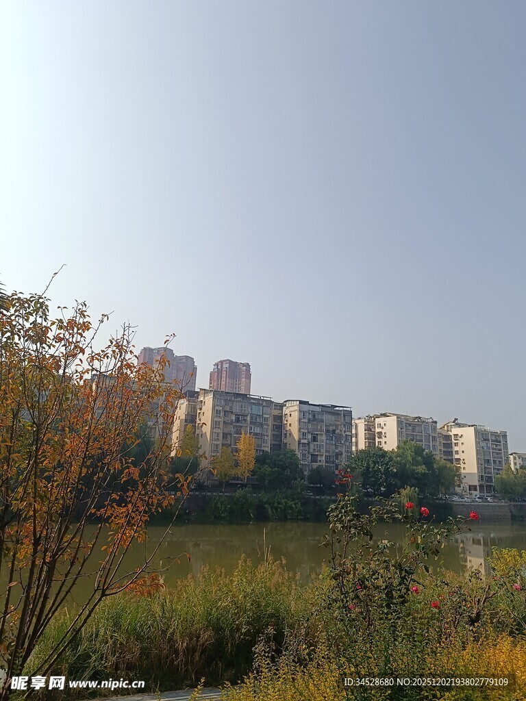 秋日城郊的居民楼景观