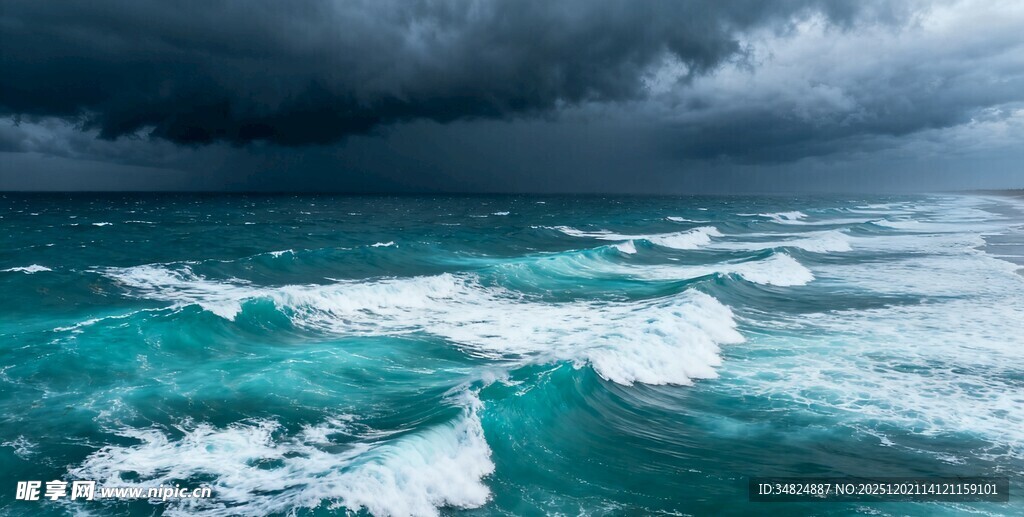 汹涌海浪与阴沉天空景象