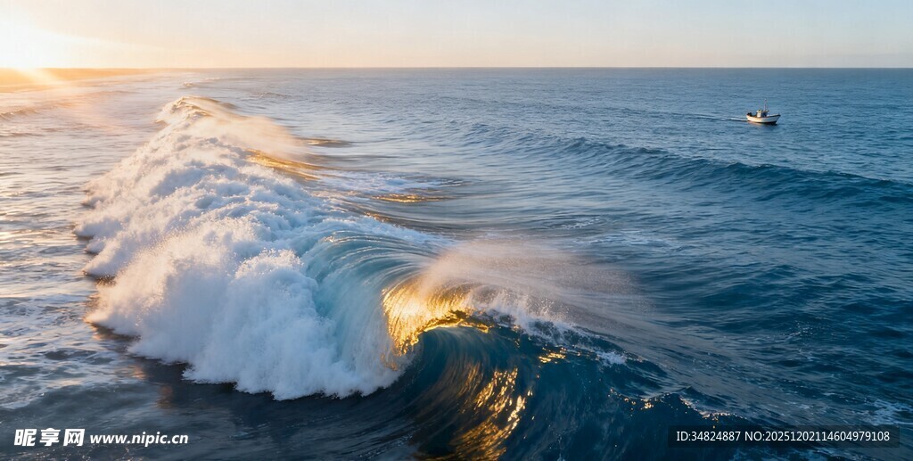夕阳下的海浪壮美瞬间