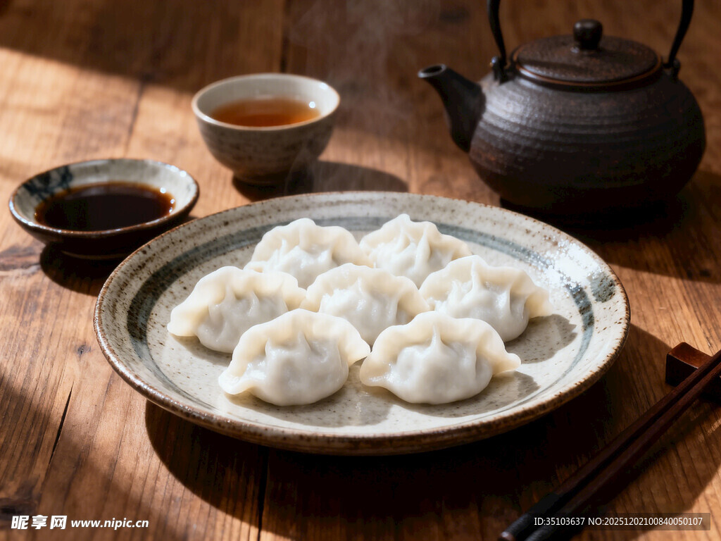 木桌上的饺子