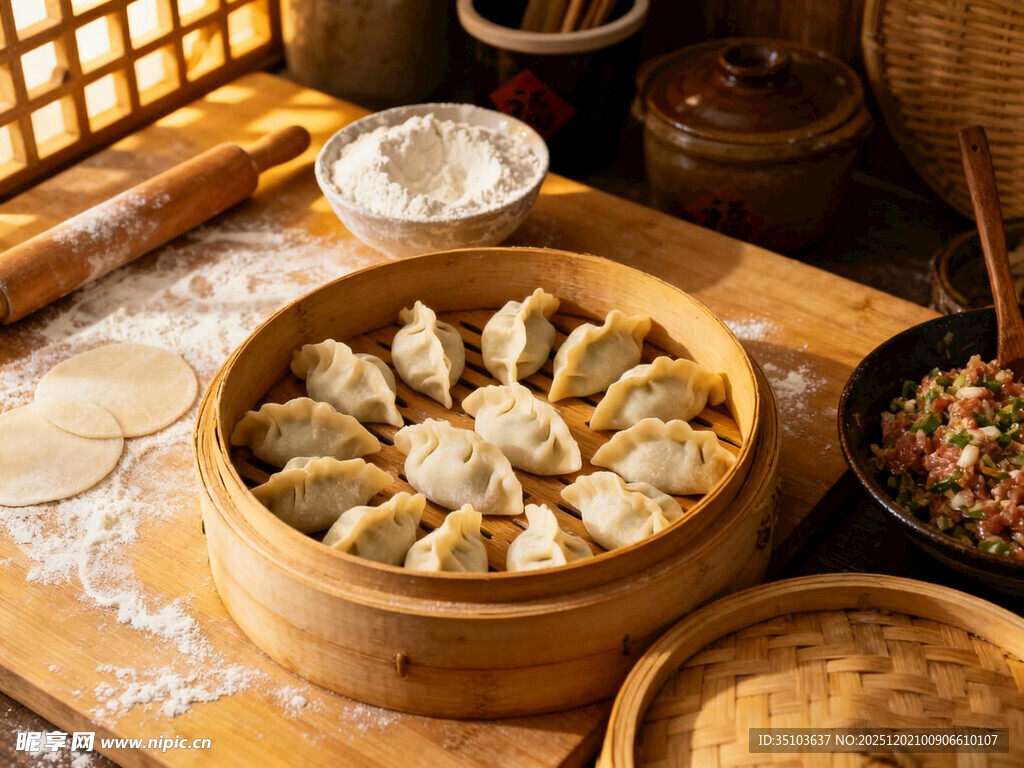 竹蒸笼里的美味手工饺子