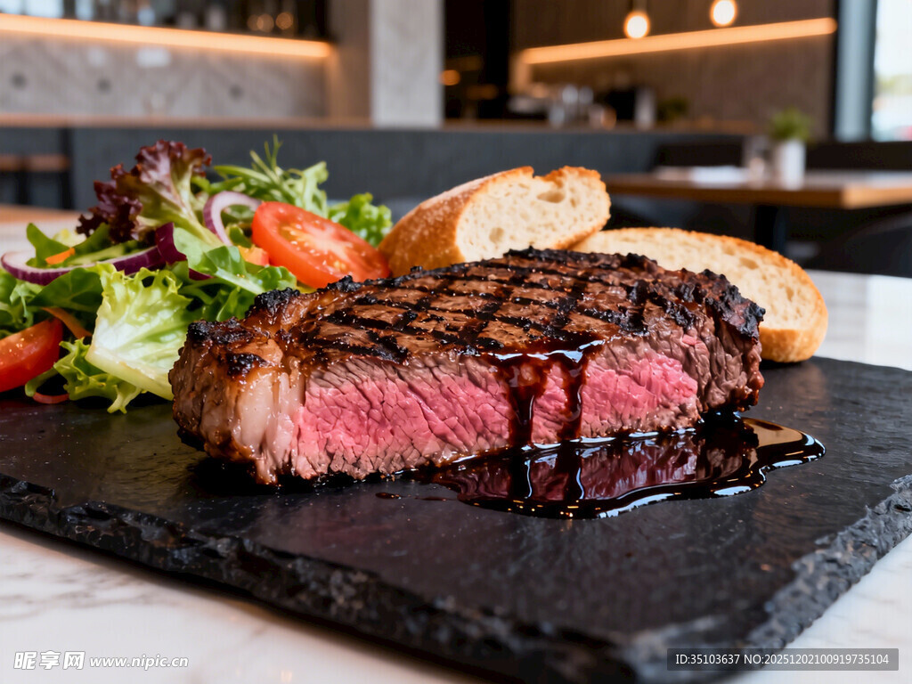 美味牛排配新鲜蔬菜沙拉