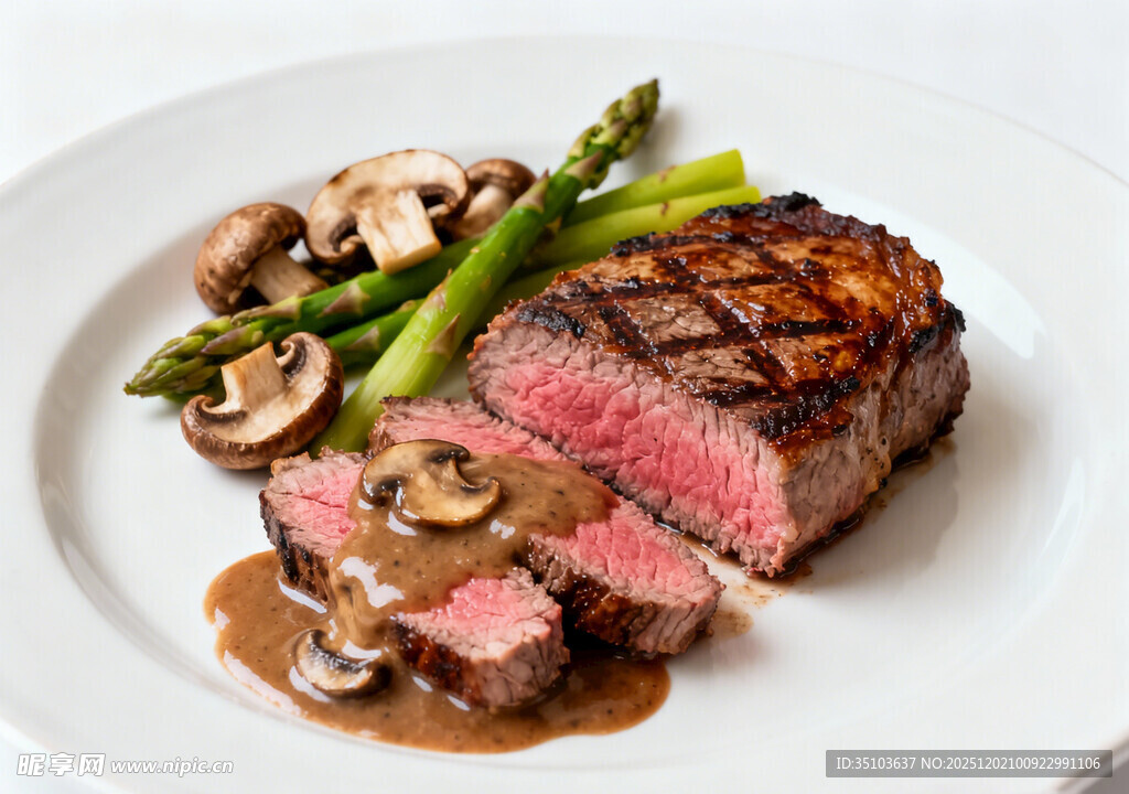 美味牛排配蔬菜与蘑菇