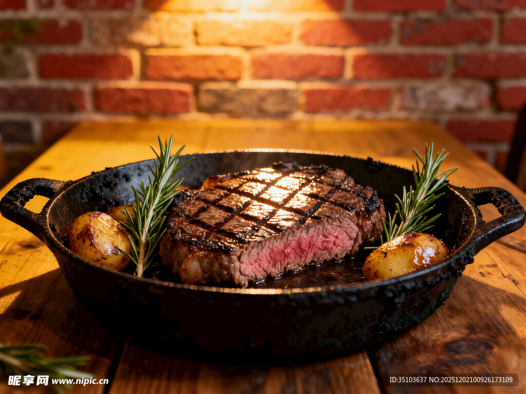 铸铁锅中的美味烤牛排