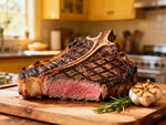 美味战斧牛排置于砧板上