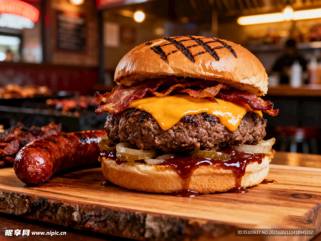 美味芝士汉堡与烤肠拼盘