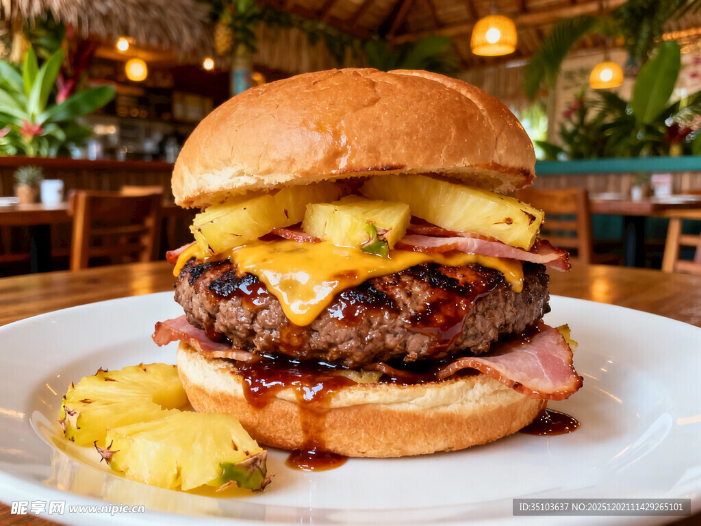 美味多汁的菠萝牛肉汉堡