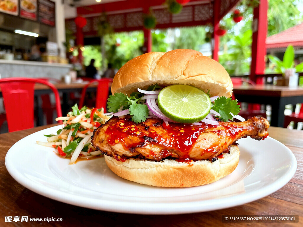 美味鸡肉汉堡配青柠