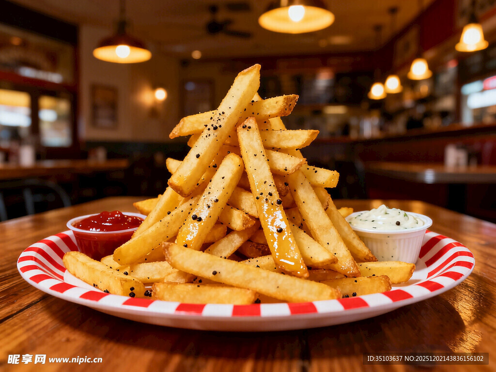 餐厅中堆叠的美味炸薯条