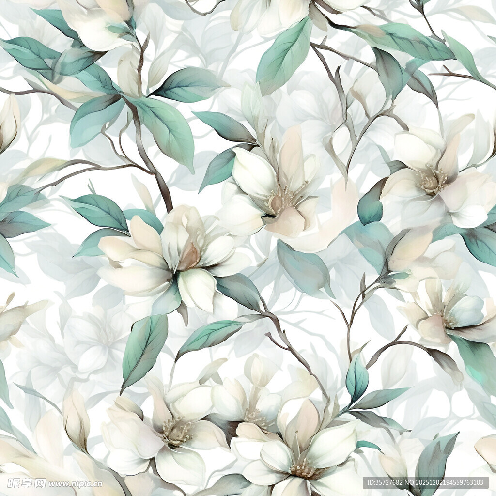 水彩风玉兰花叶图案