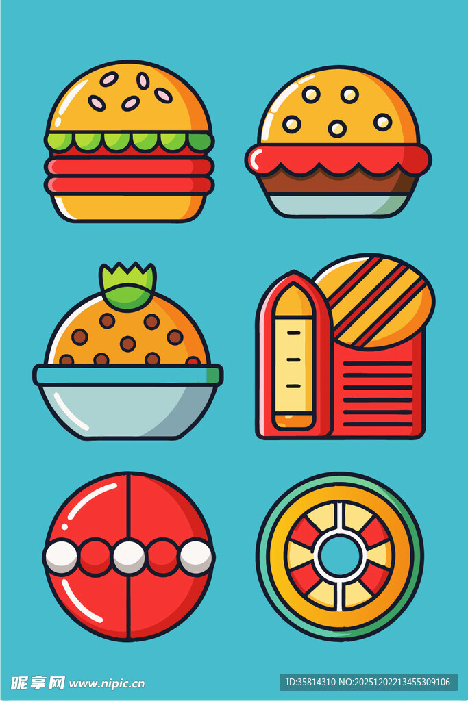 多彩卡通美食与游乐图标