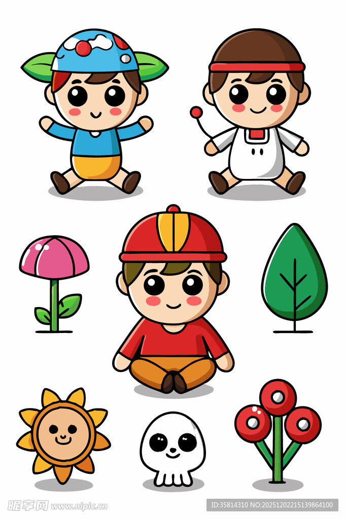 卡通小孩与植物图案集合