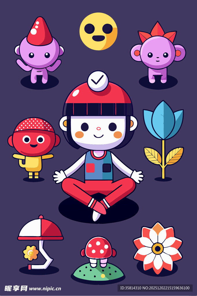 卡通女孩与多彩萌趣小物