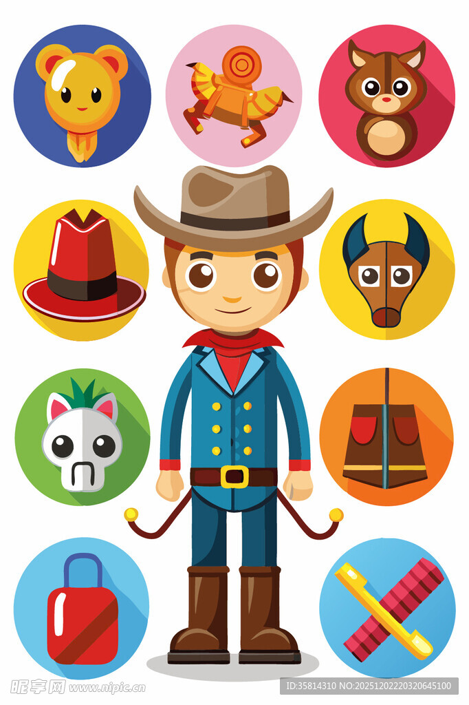 牛仔形象与多彩卡通图标