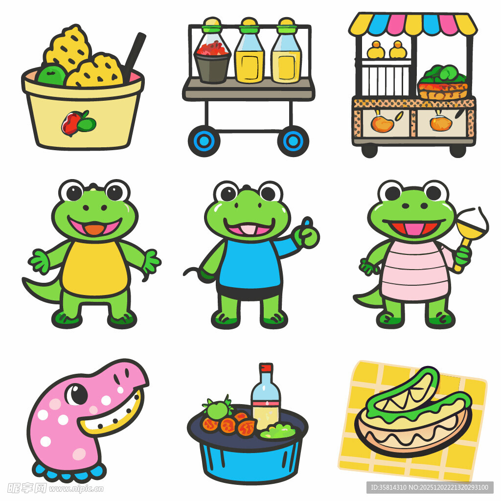青蛙等卡通形象与美食