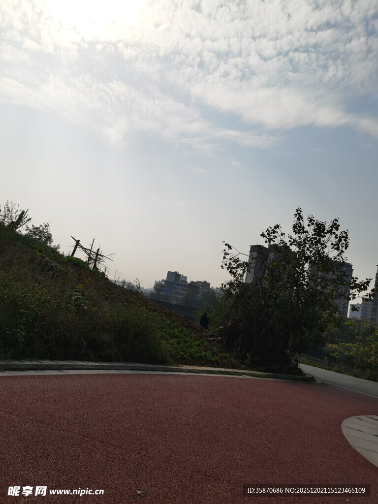 户外红道旁的绿植与天空