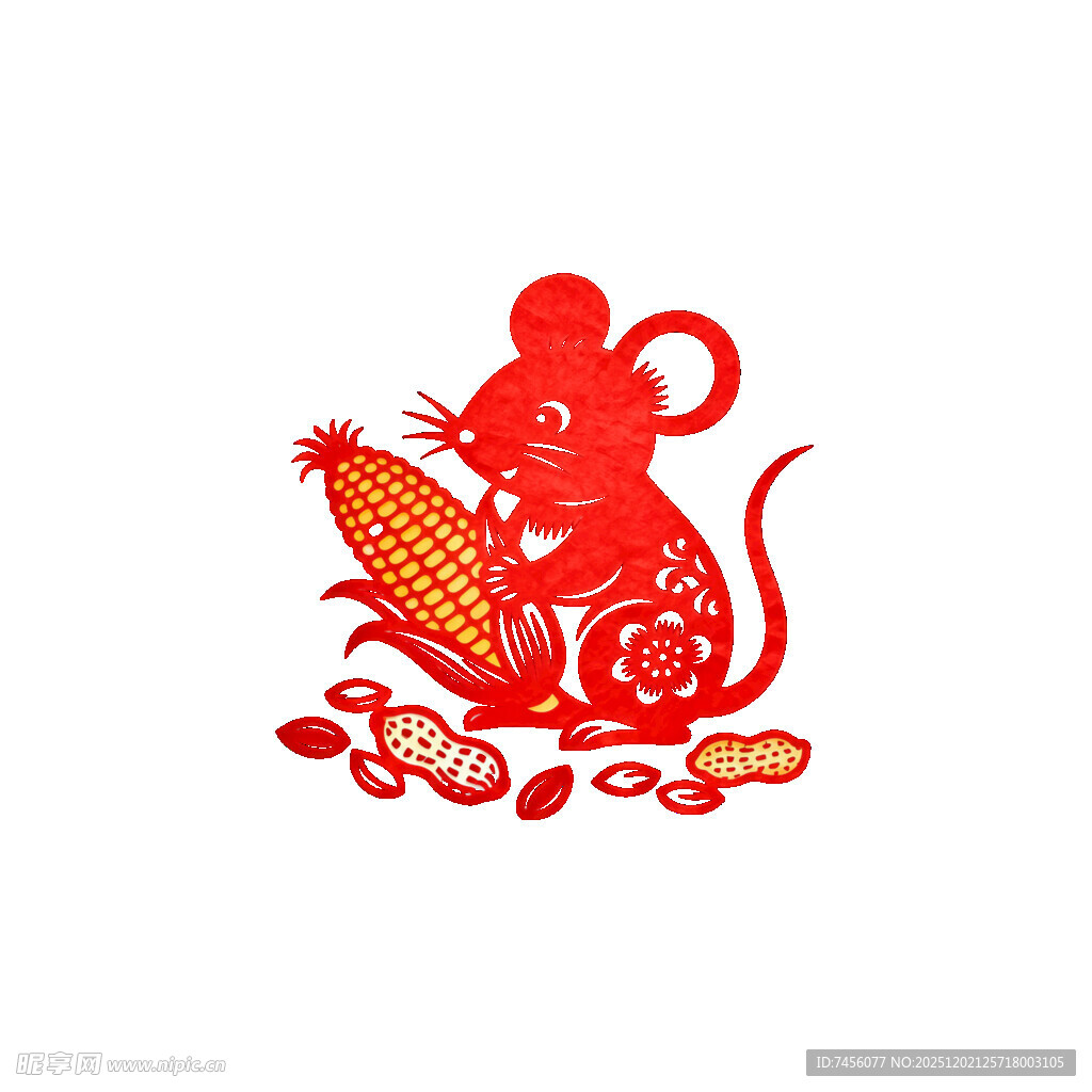 剪纸风红鼠捧玉米图案