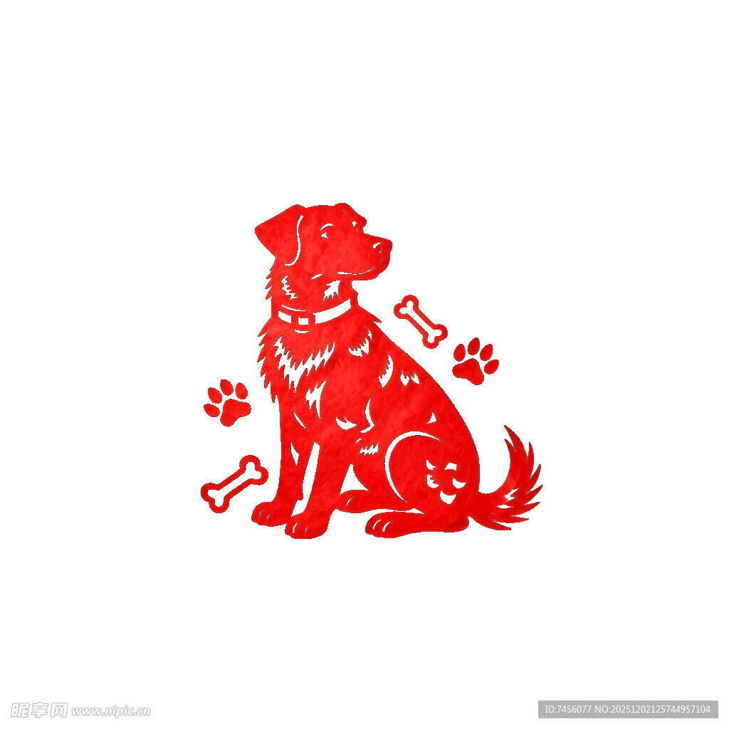 红色剪纸风可爱狗狗形象
