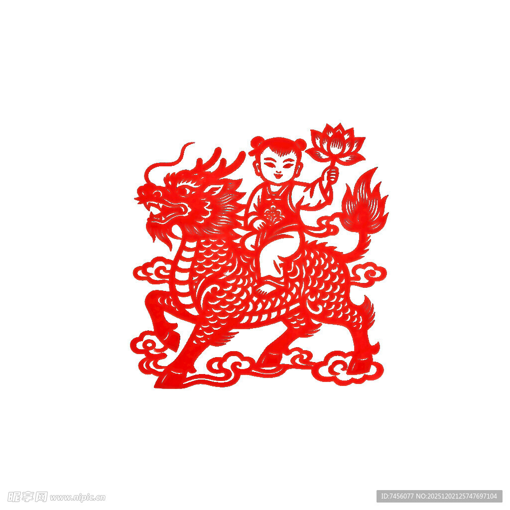 红色剪纸麒麟图案