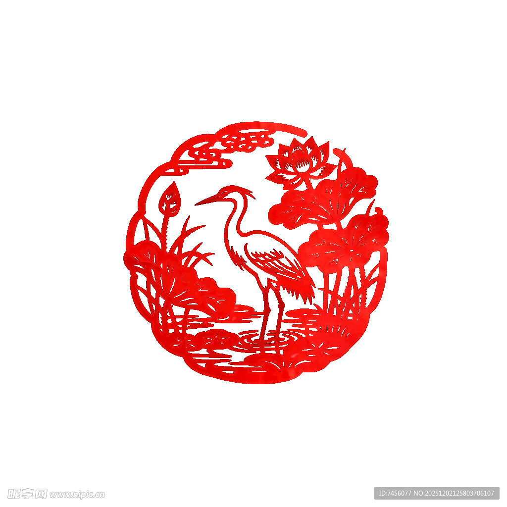 圆形仙鹤花卉剪纸图案