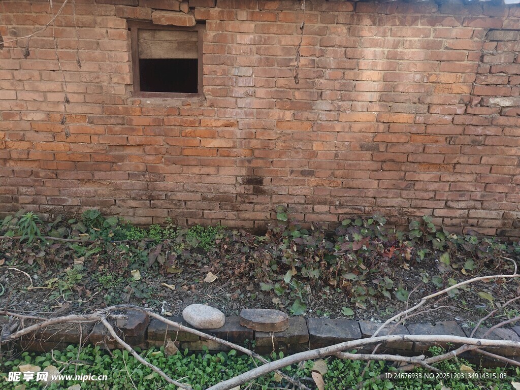 老旧砖墙旁的杂乱景象